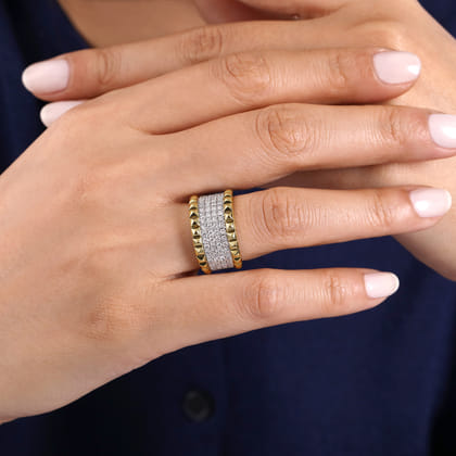 14K White-Yellow Gold Wide Diamond and Pyramid Ring