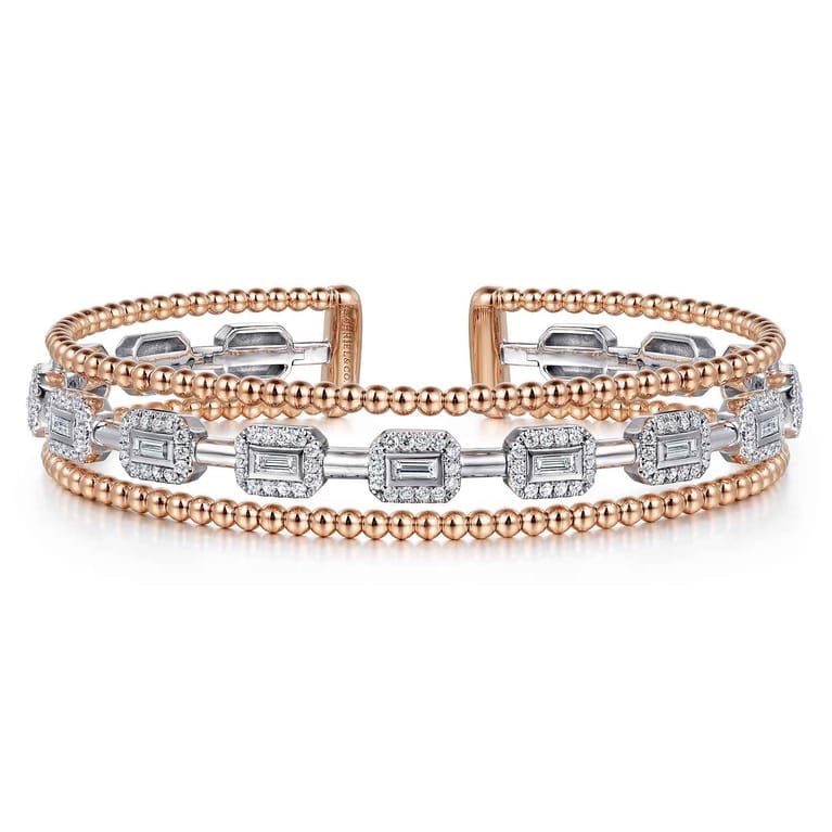 14K White and Rose Gold Baguettes Shape Bujukan Bangle with 3 Rolls - 1 ct - Shot 1