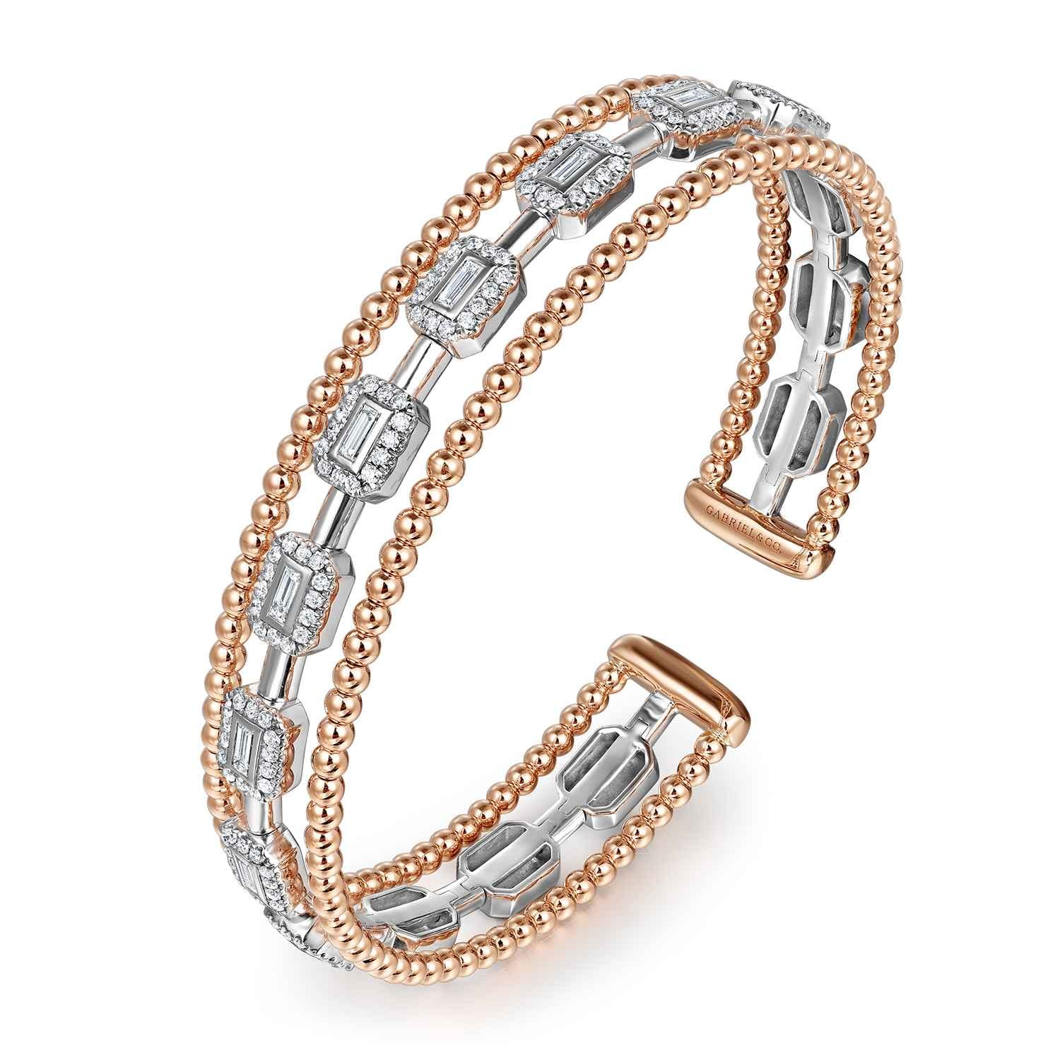 14K White and Rose Gold Baguettes Shape Bujukan Bangle with 3 Rolls - 1 ct - Shot 2