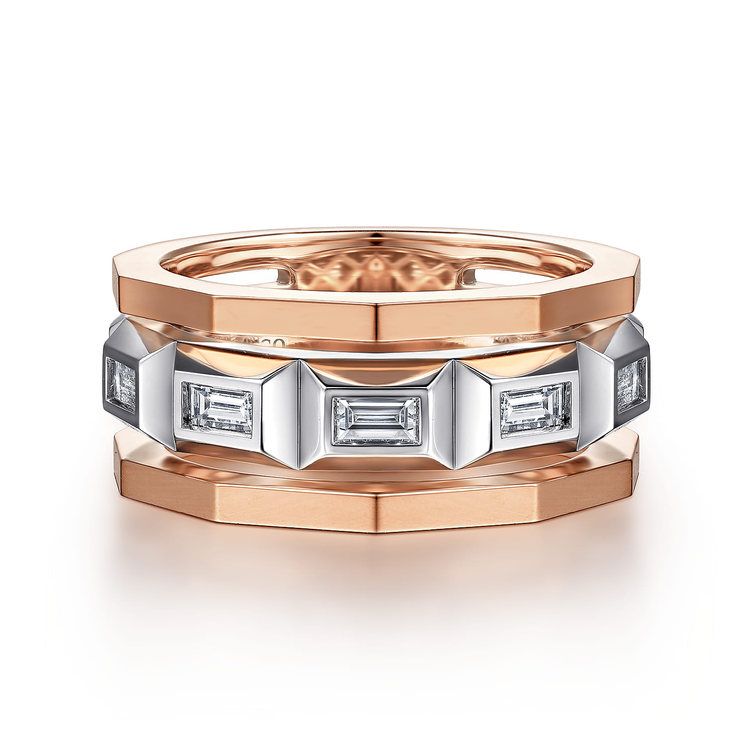 14K White and Rose Gold Faceted Ring with Diamond Baguettes in High Polished Finish - 0.5 ct - Shot 1