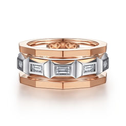 14K White and Rose Gold Faceted Ring with Diamond Baguettes in High Polished Finish