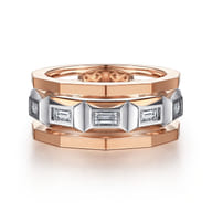 14K White and Rose Gold Faceted Ring with Diamond Baguettes in High Polished Finish