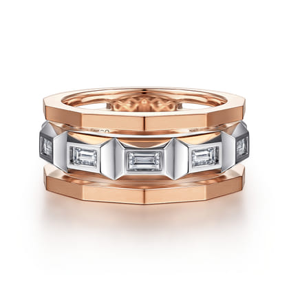 14K White and Rose Gold Faceted Ring with Diamond Baguettes in High Polished Finish
