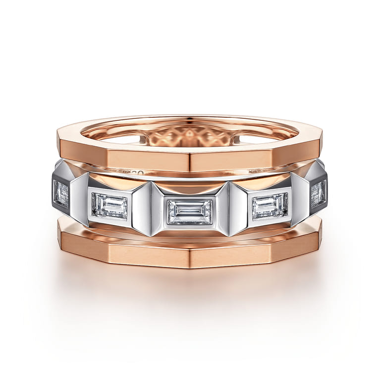 14K White and Rose Gold Faceted Ring with Diamond Baguettes in High Polished Finish - 0.5 ct - Shot 1
