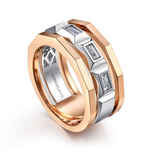 14K White and Rose Gold Faceted Ring with Diamond Baguettes in High Polished Finish