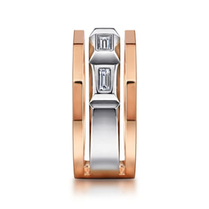 14K White and Rose Gold Faceted Ring with Diamond Baguettes in High Polished Finish