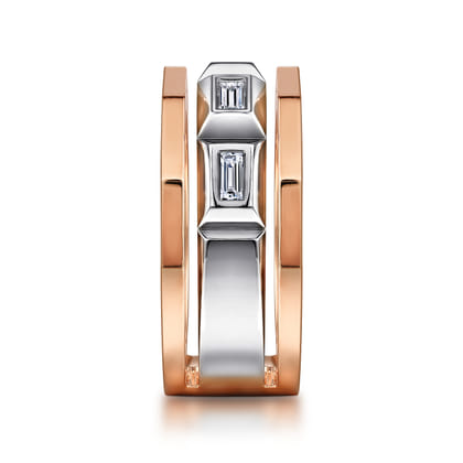 14K White and Rose Gold Faceted Ring with Diamond Baguettes in High Polished Finish