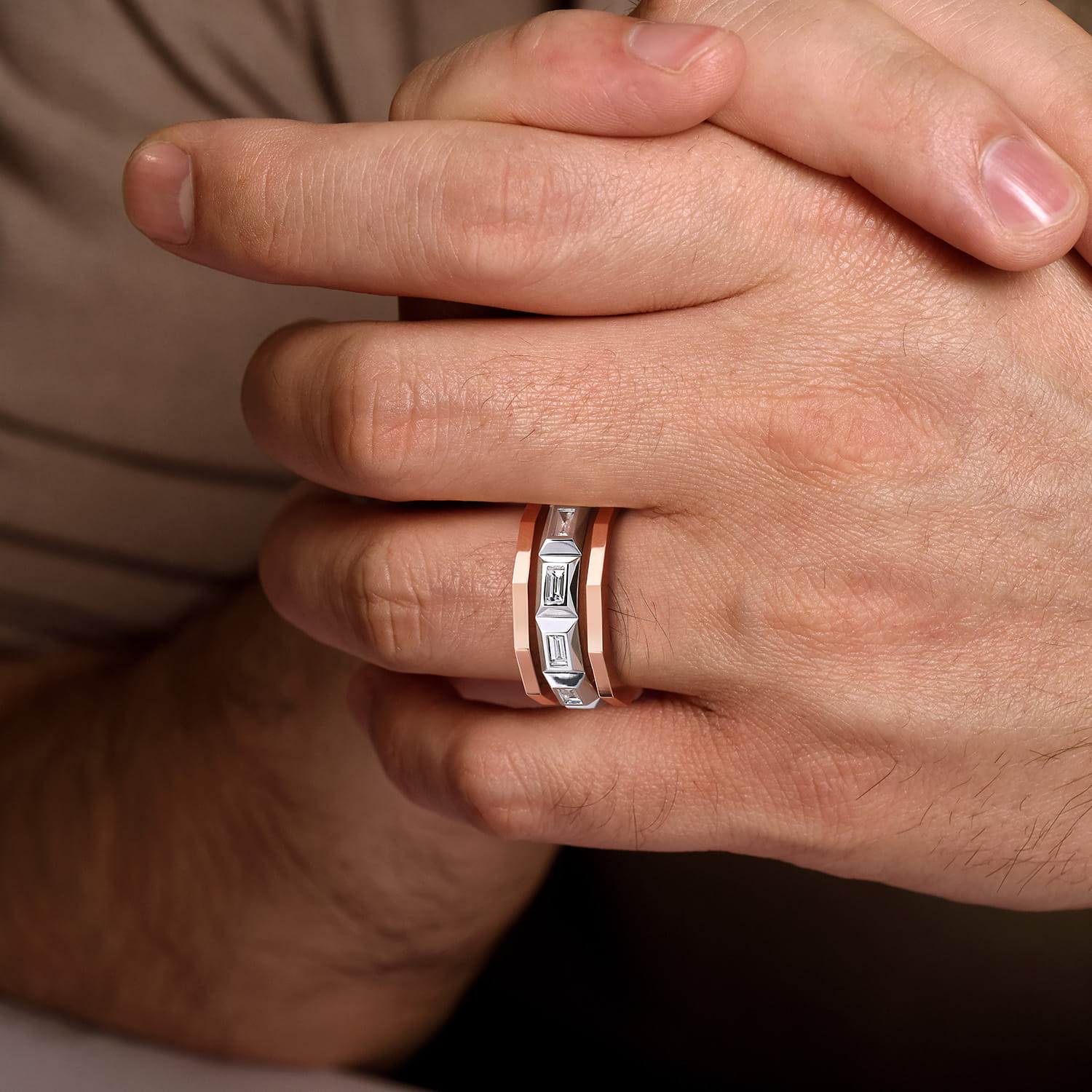 14K White and Rose Gold Faceted Ring with Diamond Baguettes in High Polished Finish - 0.5 ct - Shot 5