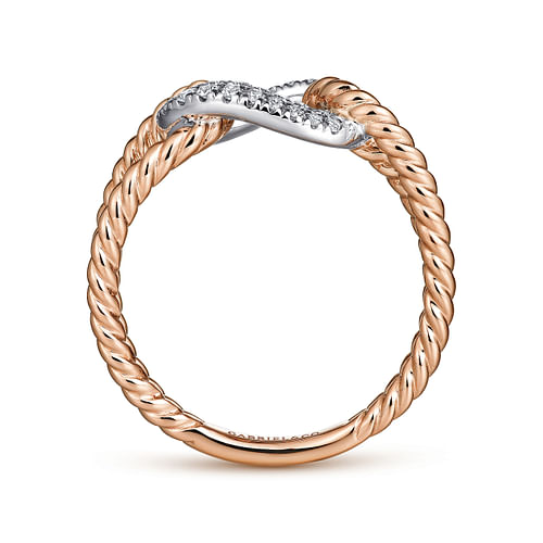 14K White and Rose Gold Twisted Rope Link Ring with Diamond Pave Station - 0.25 ct - Shot 2