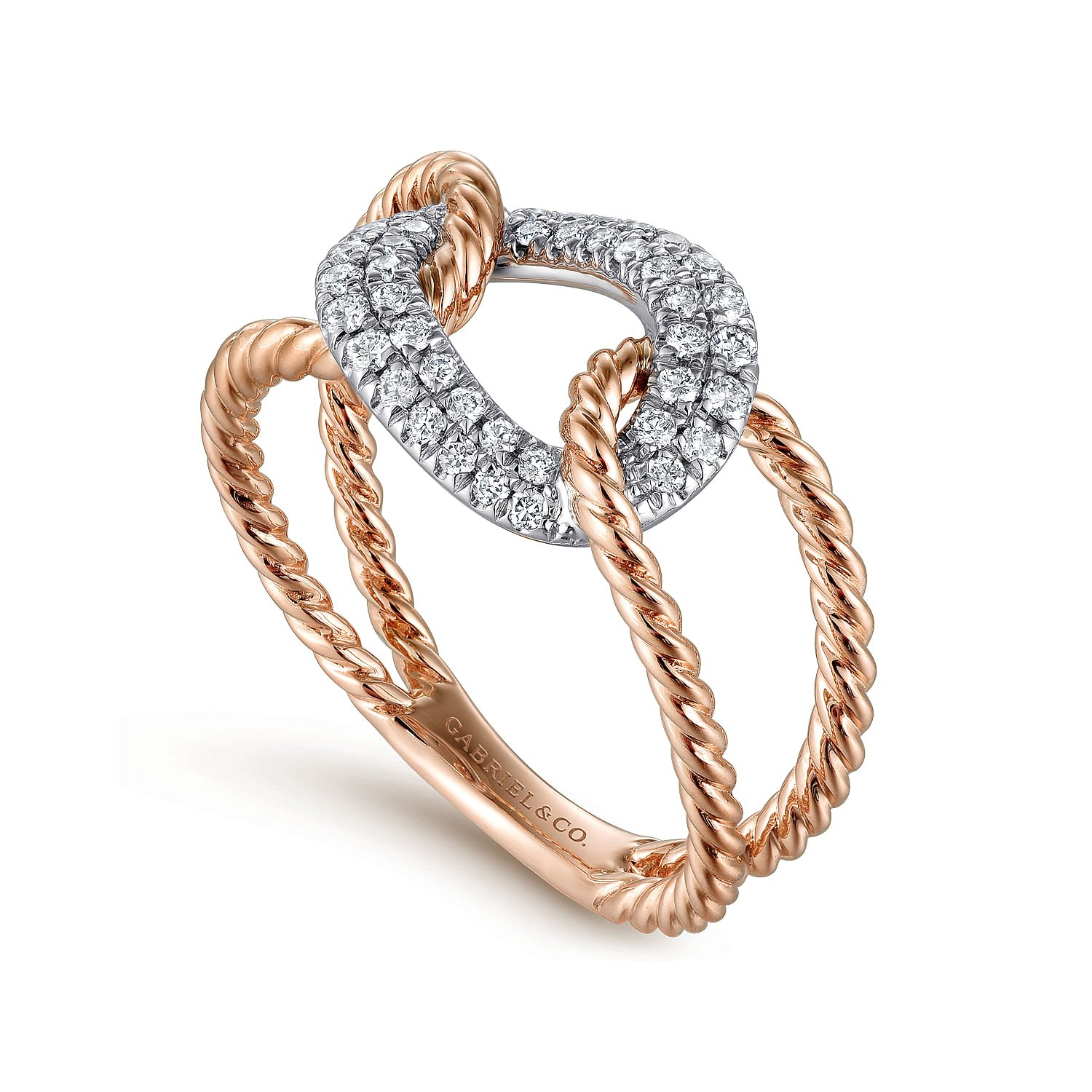 14K White and Rose Gold Twisted Rope Link Ring with Diamond Pave Station - 0.25 ct - Shot 3