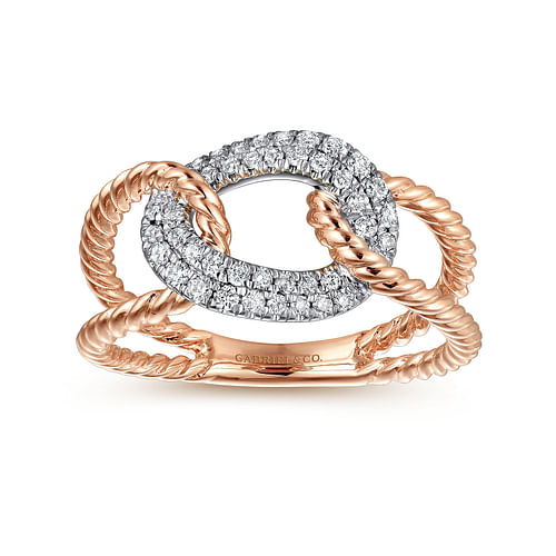 14K White and Rose Gold Twisted Rope Link Ring with Diamond Pave Station - 0.25 ct - Shot 4