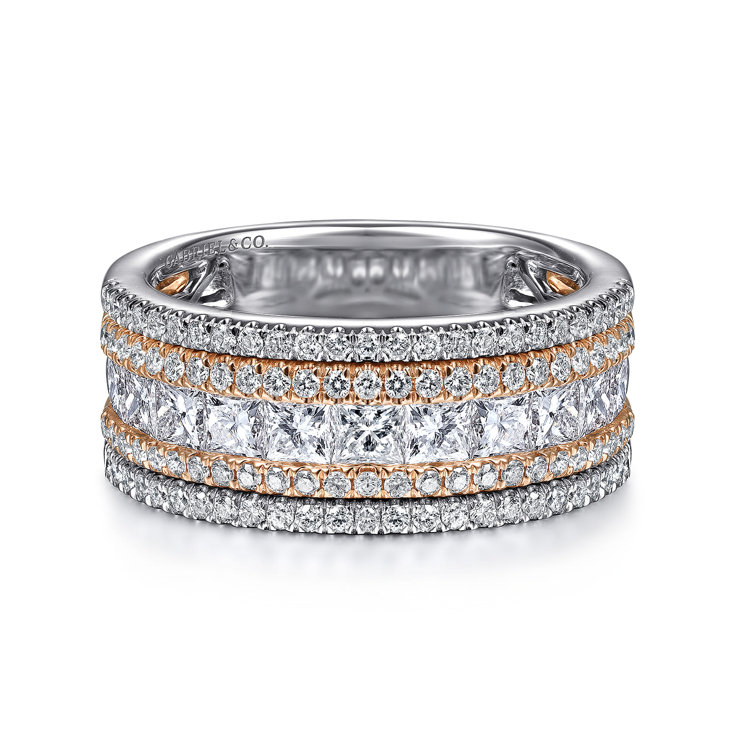 Fancy Wedding Ring in 14k White/Rose Gold with Princess Cut Natural Diamond at Gabriel & Co. - Shot 1