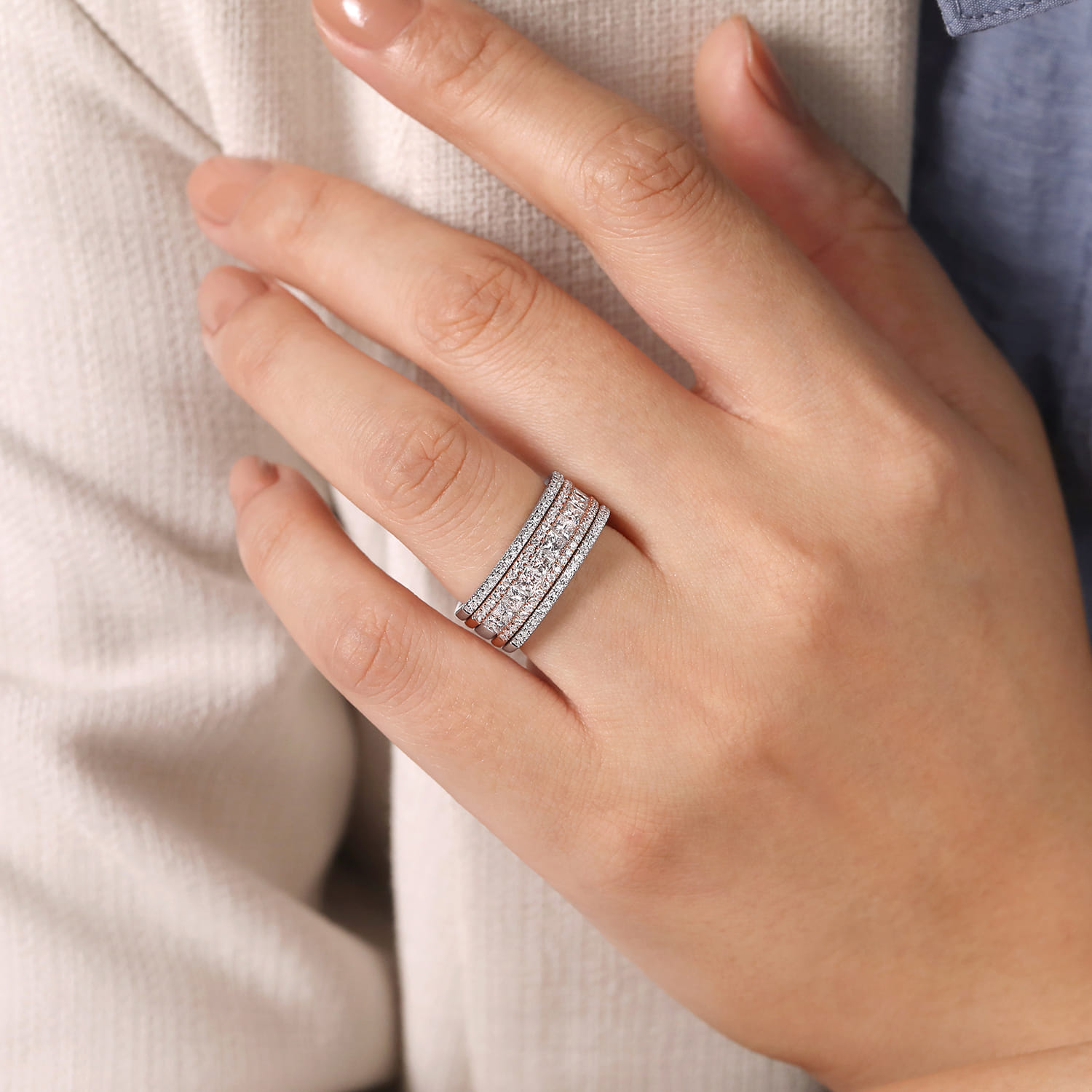 Fancy Wedding Ring in 14k White/Rose Gold with Princess Cut Natural Diamond at Gabriel & Co. - Shot 5