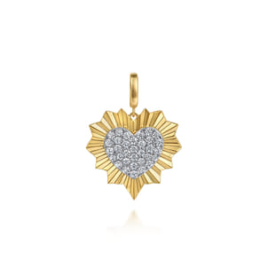 14K White and Yellow Gold 24mm Diamond Pave and Diamond Cut Finish Heart Medallion Pendant With Detachable Bail