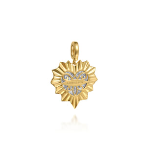 14K White and Yellow Gold 24mm Diamond Pave and Diamond Cut Finish Heart Medallion Pendant With Detachable Bail