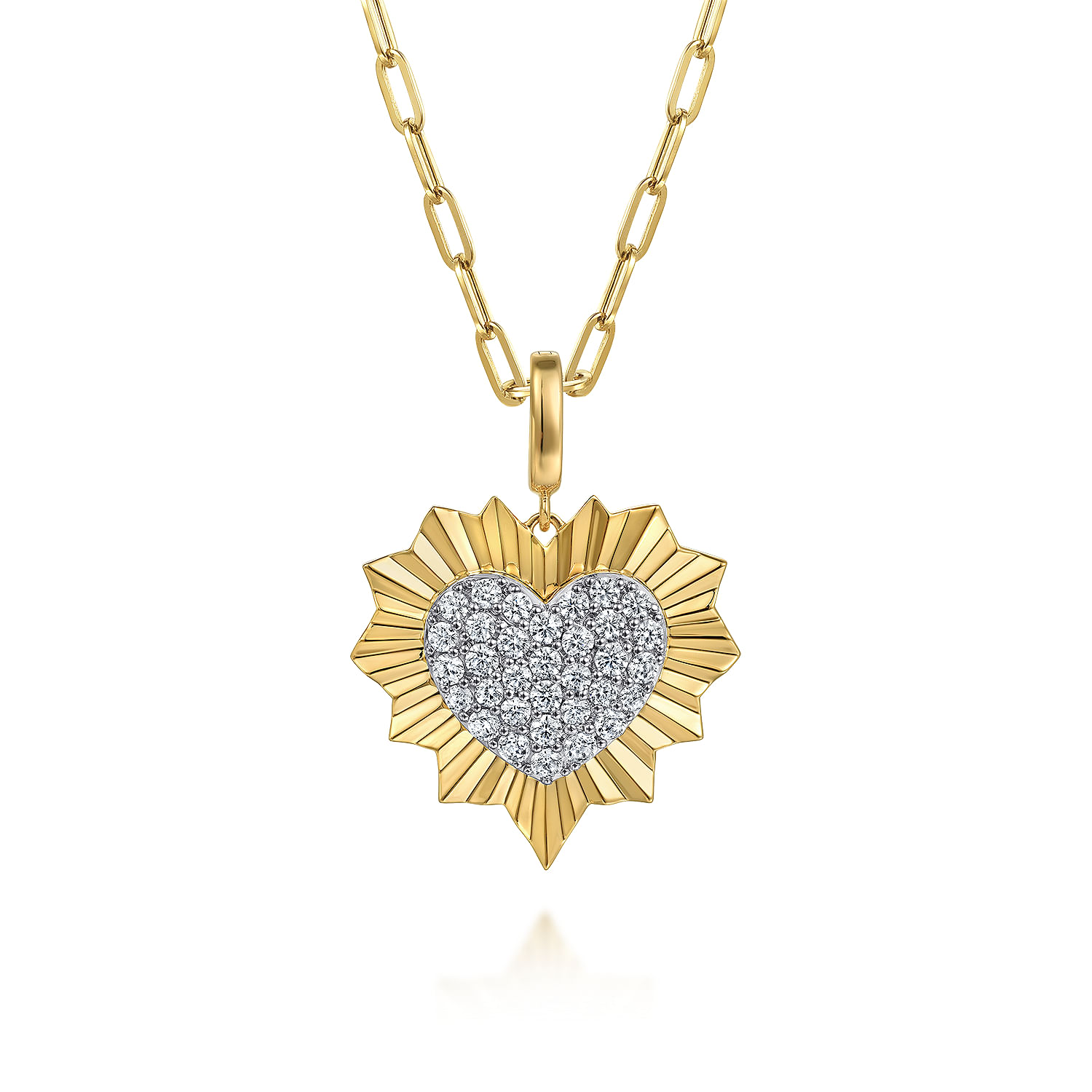 14K White and Yellow Gold 24mm Diamond Pave and Diamond Cut Finish Heart Medallion Pendant With Detachable Bail