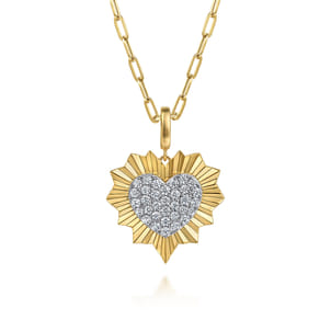 14K White and Yellow Gold 24mm Diamond Pave and Diamond Cut Finish Heart Medallion Pendant With Detachable Bail