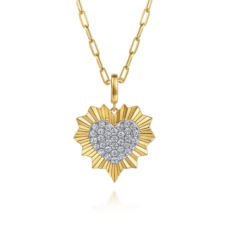 14K White and Yellow Gold 24mm Diamond Pave and Diamond Cut Finish Heart Medallion Pendant With Detachable Bail - 1.05 ct - Shot 3