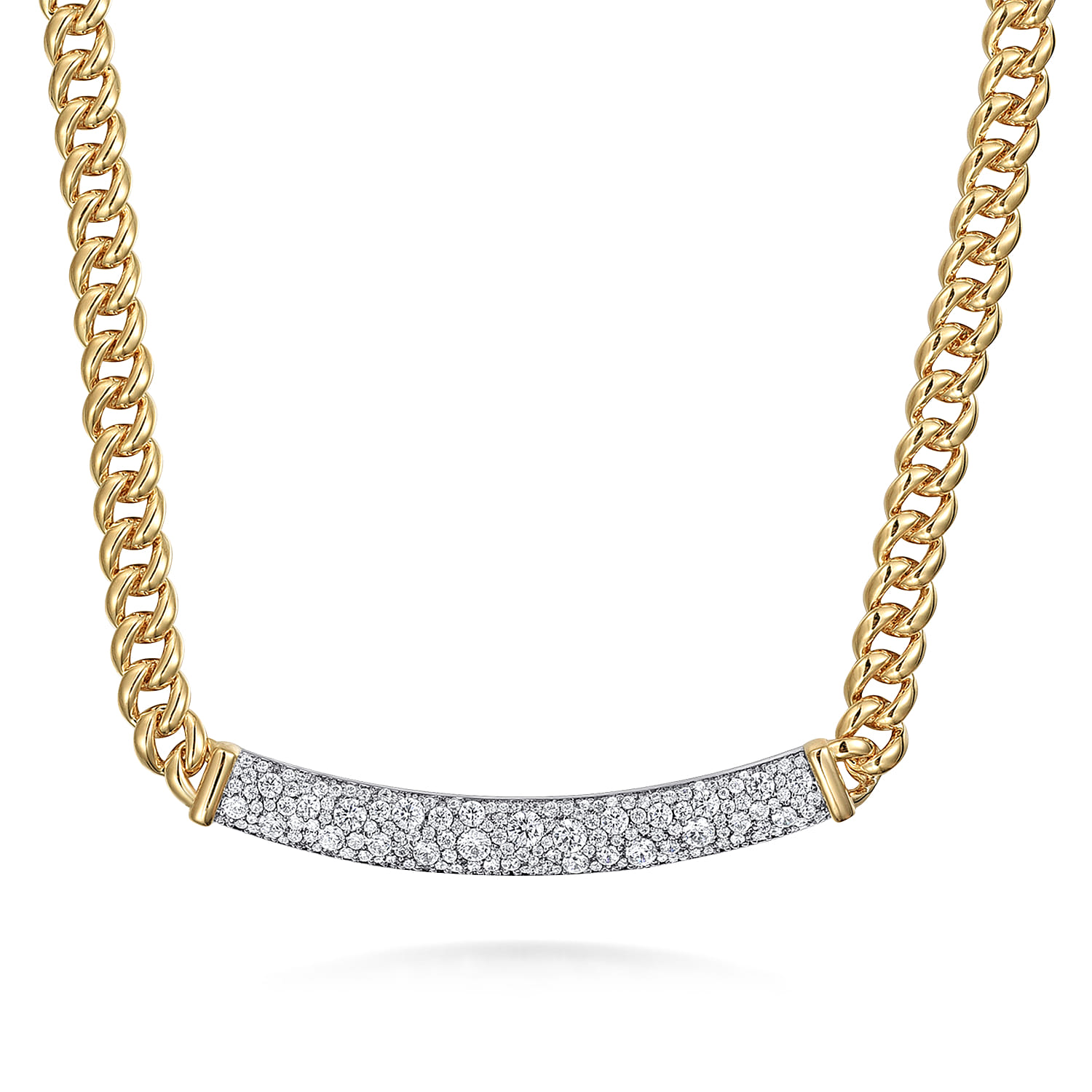 14K White and Yellow Gold 6mm Solid Cuban Link Chain Necklace with Pave Diamond Bar - 2.3 ct - Shot 1