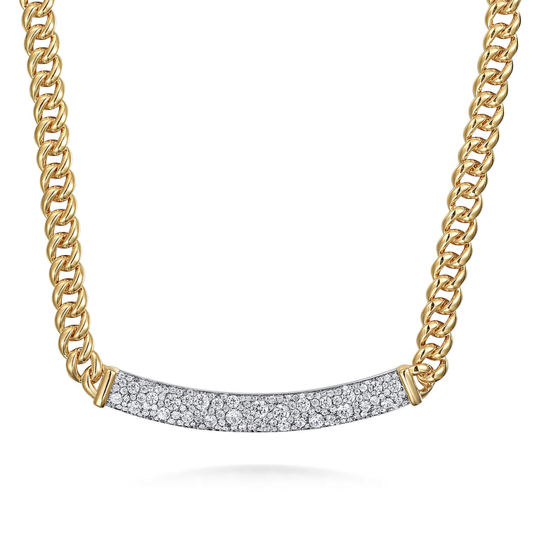 14K White and Yellow Gold 6mm Solid Cuban Link Chain Necklace with Pave Diamond Bar - 2.3 ct - Shot 1