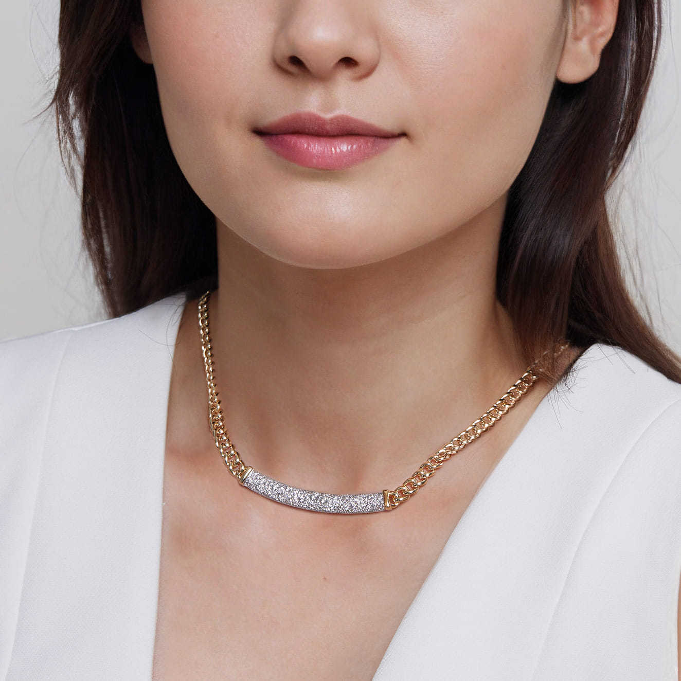 14K White and Yellow Gold 6mm Solid Cuban Link Chain Necklace with Pave Diamond Bar - 2.3 ct - Shot 4