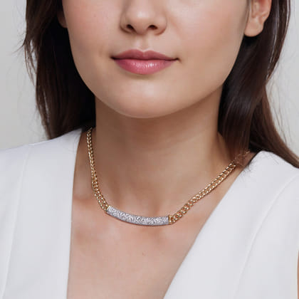 14K White and Yellow Gold 6mm Solid Cuban Link Chain Necklace with Pave Diamond Bar