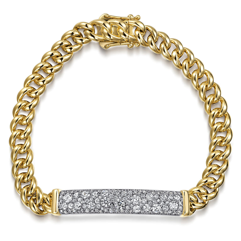 14K White and Yellow Gold 7mm Solid Cuban Link Chain Bracelet with Pave Diamond ID Plate - 1.5 ct - Shot 1