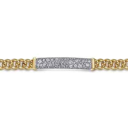 14K White and Yellow Gold 7mm Solid Cuban Link Chain Bracelet with Pave Diamond ID Plate