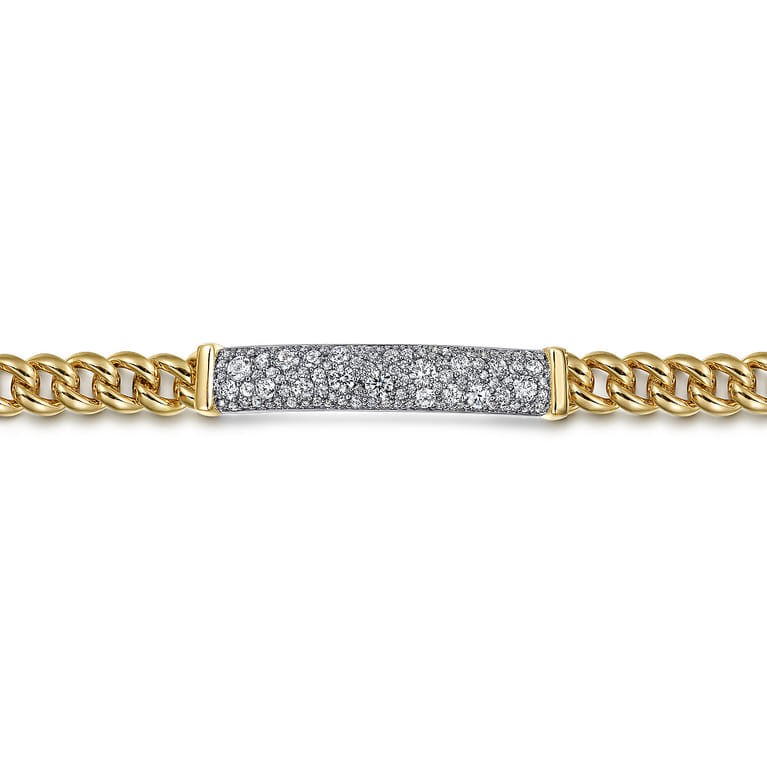 14K White and Yellow Gold 7mm Solid Cuban Link Chain Bracelet with Pave Diamond ID Plate - 1.5 ct - Shot 2