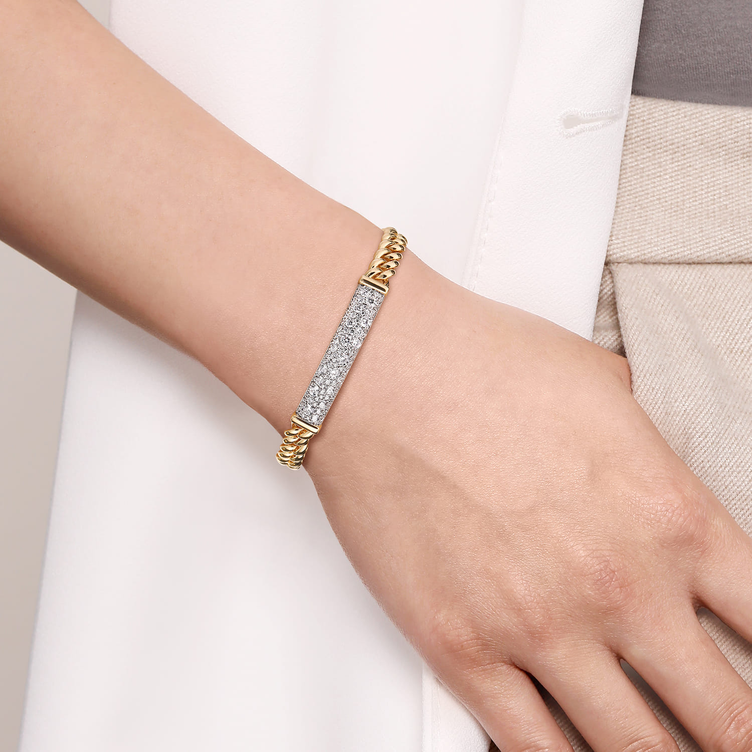 14K White and Yellow Gold 7mm Solid Cuban Link Chain Bracelet with Pave Diamond ID Plate - 1.5 ct - Shot 3