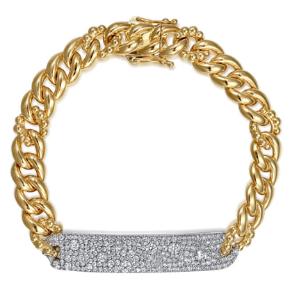 14K White and Yellow Gold 8mm Hollow Cuban Link Chain Bracelet with Pave Diamond ID Plate