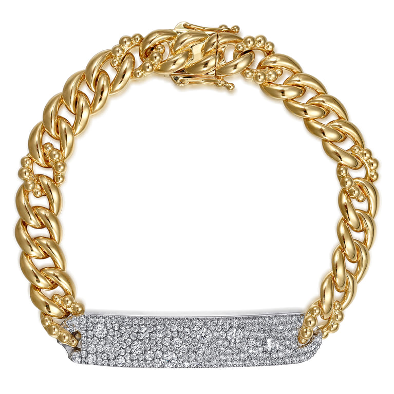 14K White and Yellow Gold 8mm Hollow Cuban Link Chain Bracelet with Pave Diamond ID Plate - 1.5 ct - Shot 1