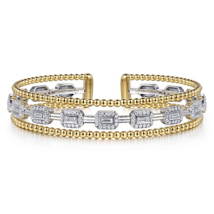 14K White and Yellow Gold Baguettes Shape Bujukan Bangle with 3 Rolls