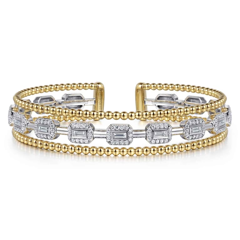 14K White and Yellow Gold Baguettes Shape Bujukan Bangle with 3 Rolls - 1 ct - Shot 1
