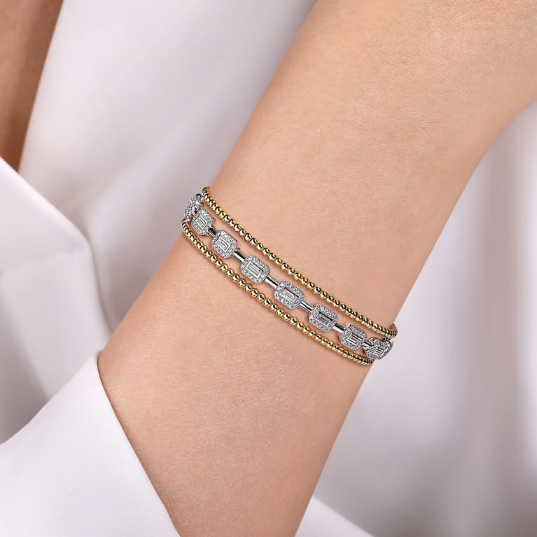 14K White and Yellow Gold Baguettes Shape Bujukan Bangle with 3 Rolls - 1 ct - Shot 4