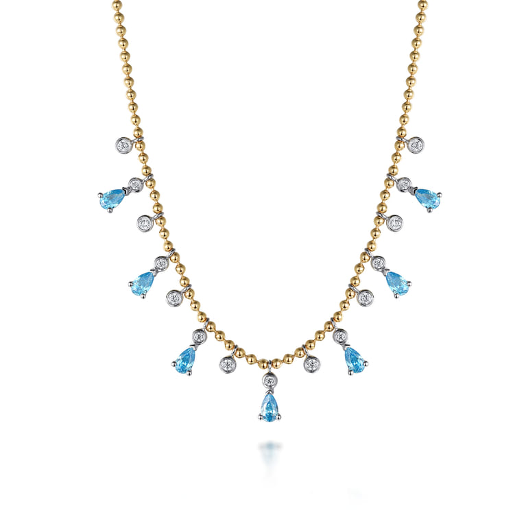 14K White and Yellow Gold Bead Chain Diamond and Blue Topaz Droplet Necklace - 0.35 ct - Shot 1