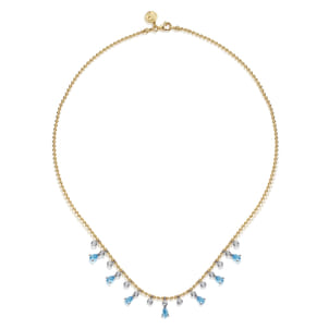 14K White and Yellow Gold Bead Chain Diamond and Blue Topaz Droplet Necklace