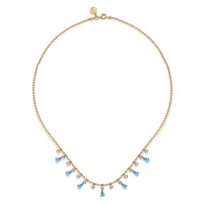 14K White and Yellow Gold Bead Chain Diamond and Blue Topaz Droplet Necklace