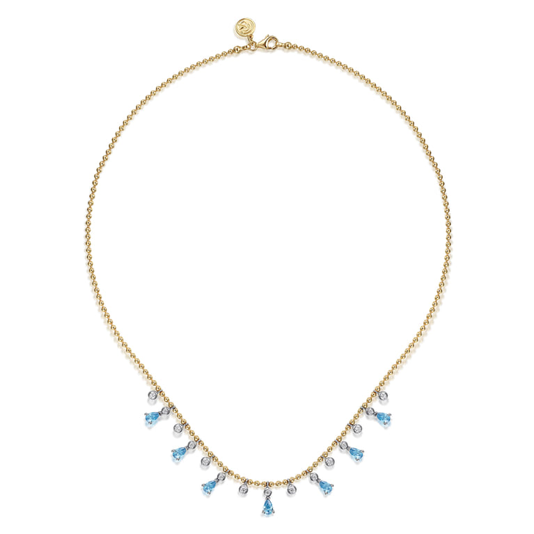 14K White and Yellow Gold Bead Chain Diamond and Blue Topaz Droplet Necklace - 0.35 ct - Shot 2