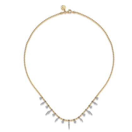 14K White and Yellow Gold Bead Chain and Diamond Droplet Necklace