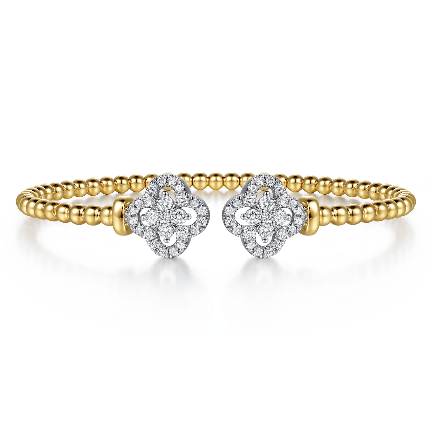 14K White and Yellow Gold Bujukan Beaded Diamond Clover Open Bangle Bracelet - 0.9 ct - Shot 1