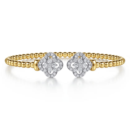 14K White and Yellow Gold Bujukan Beaded Diamond Clover Open Bangle Bracelet