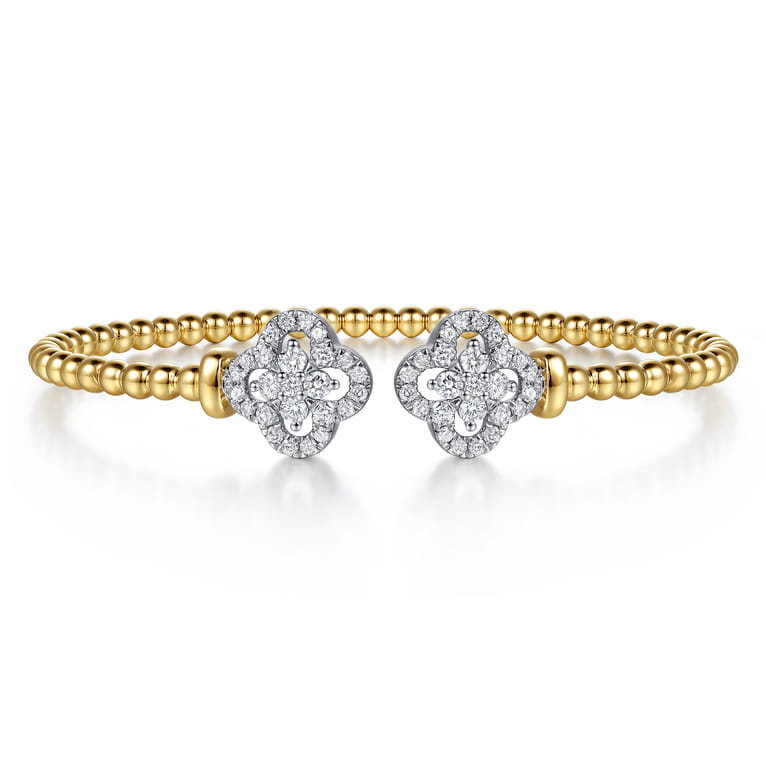 14K White and Yellow Gold Bujukan Beaded Diamond Clover Open Bangle Bracelet - 0.9 ct - Shot 1