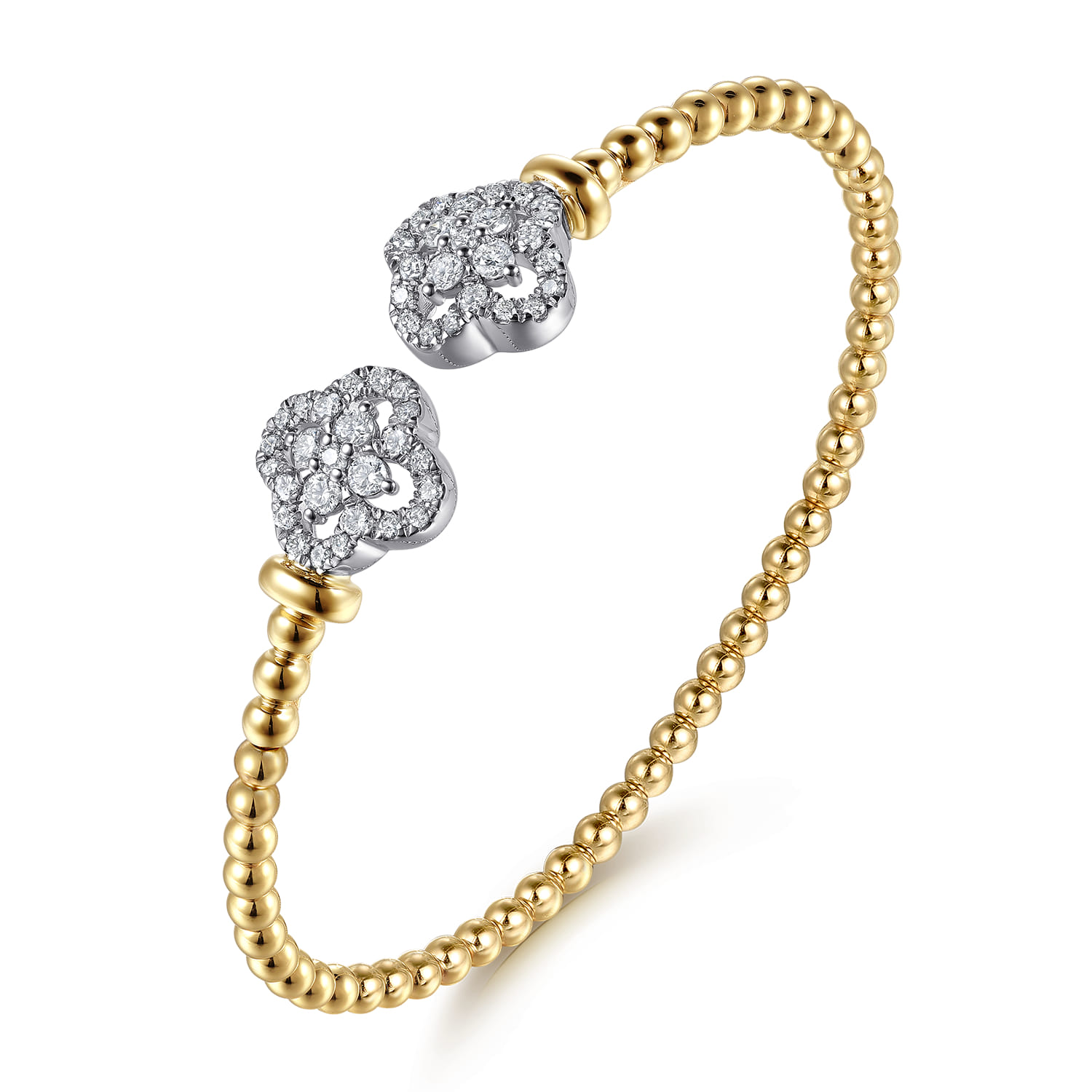 14K White and Yellow Gold Bujukan Beaded Diamond Clover Open Bangle Bracelet - 0.9 ct - Shot 2