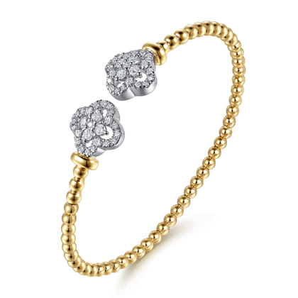 14K White and Yellow Gold Bujukan Beaded Diamond Clover Open Bangle Bracelet