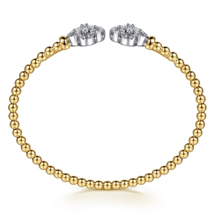 14K White and Yellow Gold Bujukan Beaded Diamond Clover Open Bangle Bracelet