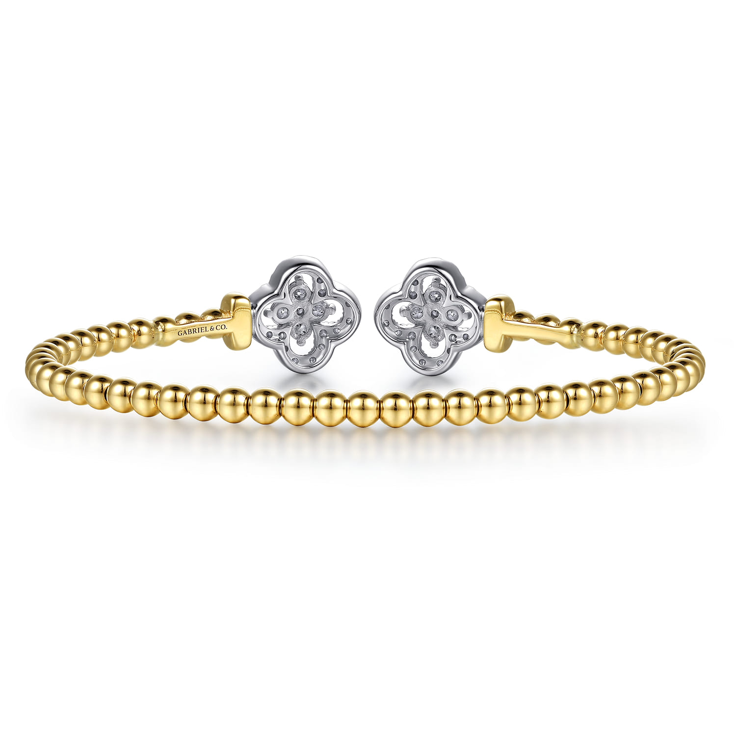 14K White and Yellow Gold Bujukan Beaded Diamond Clover Open Bangle Bracelet - 0.9 ct - Shot 4