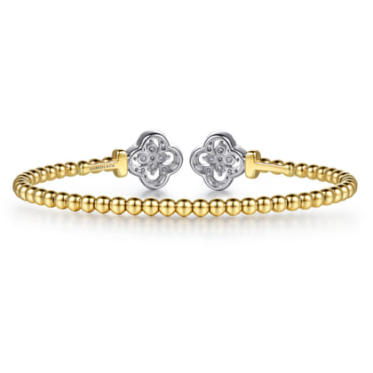 14K White and Yellow Gold Bujukan Beaded Diamond Clover Open Bangle Bracelet