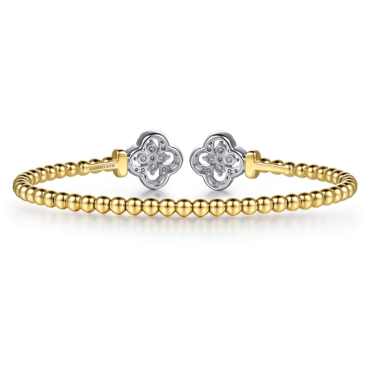 14K White and Yellow Gold Bujukan Beaded Diamond Clover Open Bangle Bracelet - 0.9 ct - Shot 4