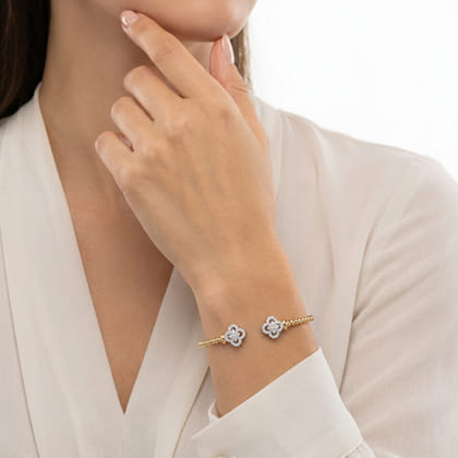 14K White and Yellow Gold Bujukan Beaded Diamond Clover Open Bangle Bracelet